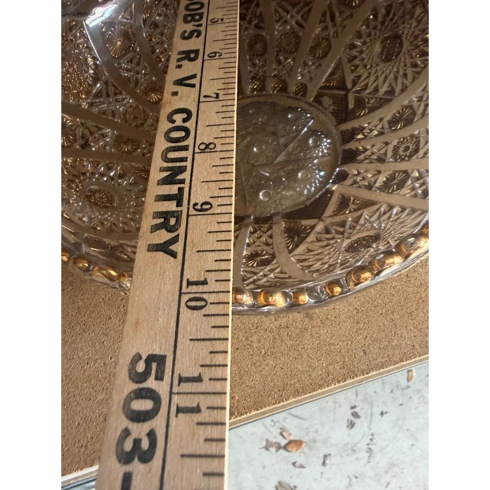 Vintage Gold Trim Starburst Pressed Glass‎ Bowl Scalloped Beaded Rim 10 Inch